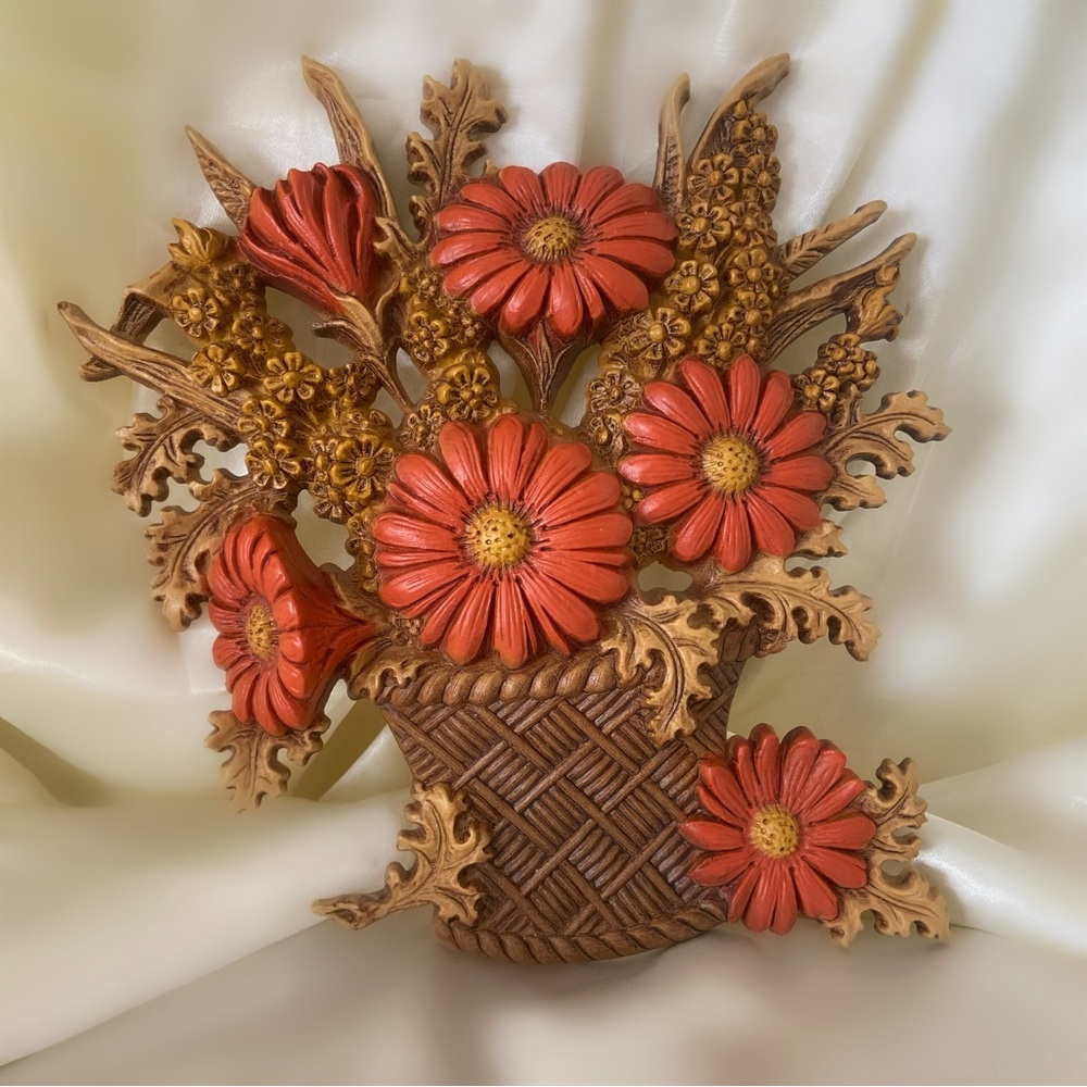Vintage Burwood flowers wall hanging home decor brown orange floral retro